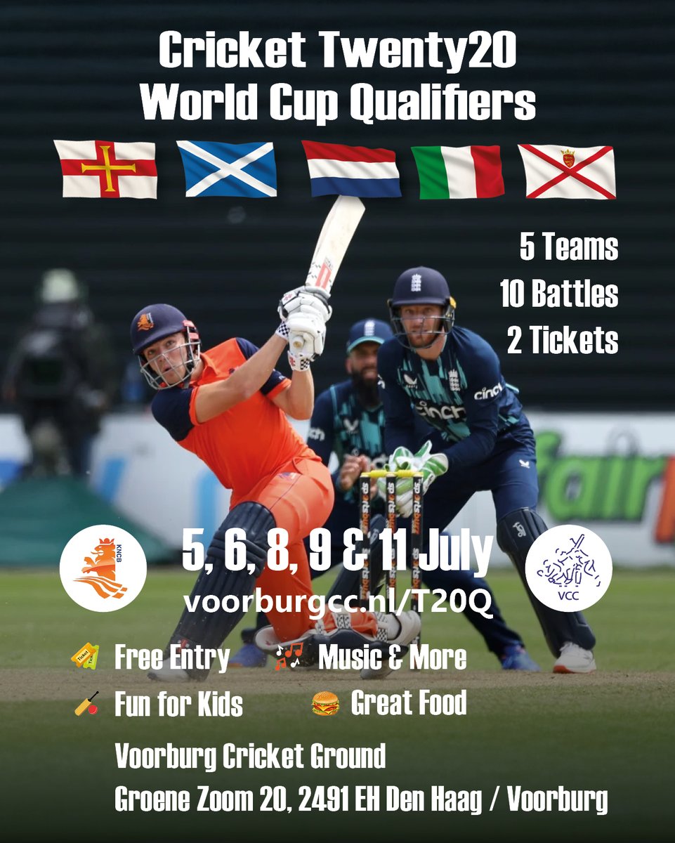 🇳🇱  Nederland speelt om een plek op het 🏏Twenty20 WK 2026!
📍 Voorburg Cricket Club (5-11 juli)
🆚 Schotland, Italië, Jersey, Guernsey
🎯 Top 2 gaat naar het WK!
🎫 Gratis entree
bit.ly/t20wkcrickettw

#T20WorldCup2026 #CricketNL #TeamNL #KNCB #ICCQualifier #Twenty20 #TeamNL
