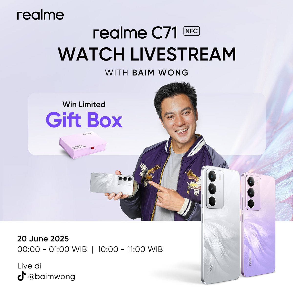 1 Jam Pengecasan, Pemakaian 2 Hari #realmeC71 🔋
SPECIAL LIVE TIKTOK bareng Baim Wong!

Join live TikTok tgl 20 Juni 2025 pukul 00.00 - 01.00 WIB &amp; 10.00 - 11.00 WIB. Menangin hadiah spesial saat live jam 00.00 - 01.00 khusus 30 orang! 🎁📱

#realmeC71LongLastingChampion