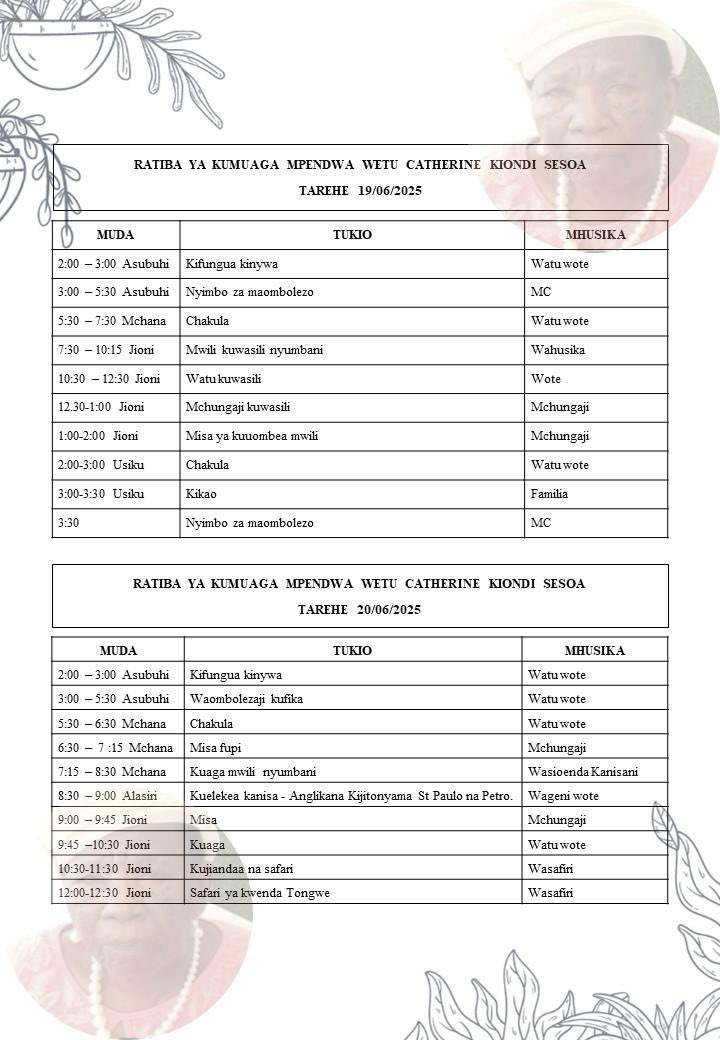 Ratiba Ya Kumuaga Bibi Scooby (Catherine Kiondi Sesoa) 🕊️🙏🏿💔

Kama mtapenda kushiriki karibuni sana kushiriki misa ya jioni ya leo…🙏🏿 #RIPGrandma👵🏾