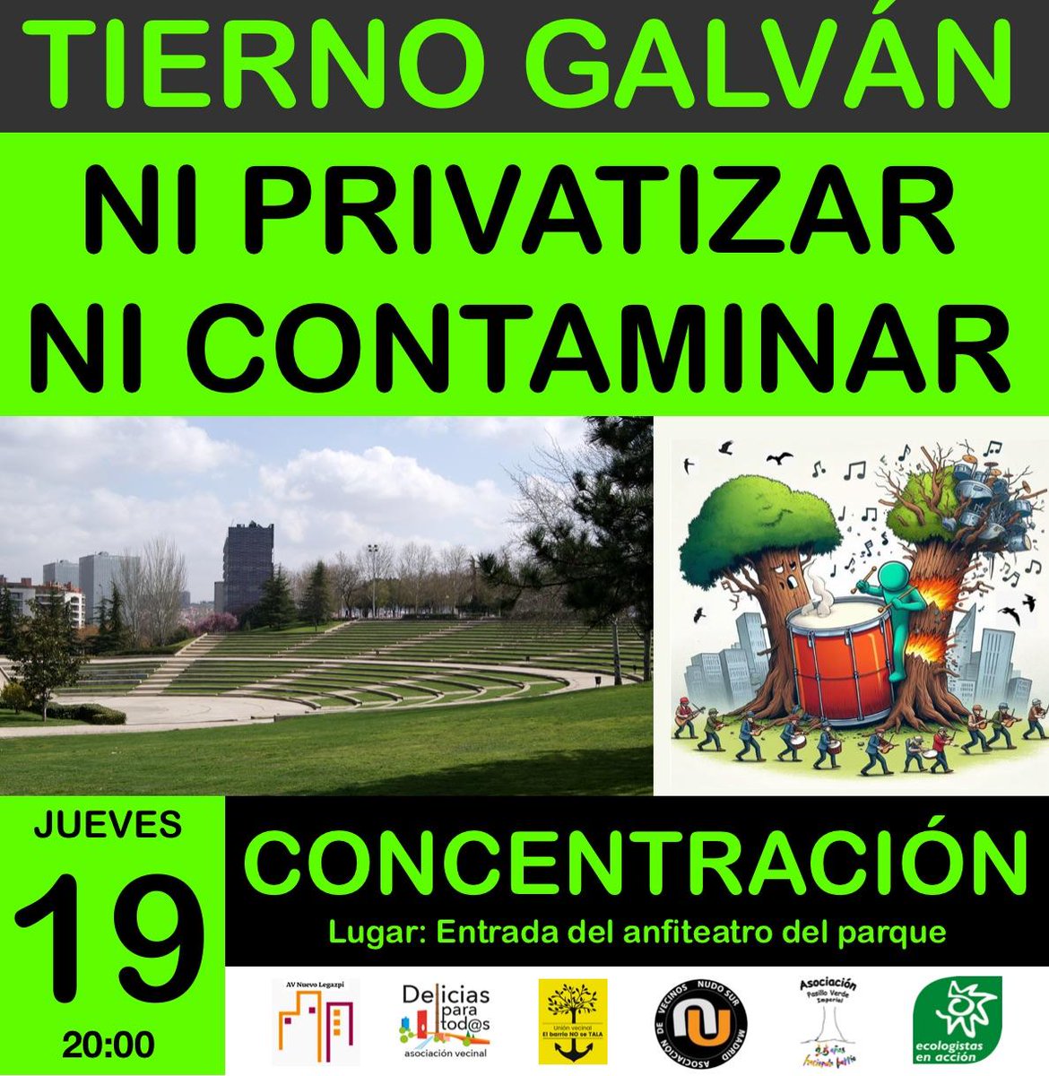 Hoy en defensa del espacio público y la convivencia, en defensa de un #Madrid que cuida a sus vecinos y no los expulsa y maltrata por 💸💸
Concentración en el Parque Tierno Galván 
#TiernoGalvan
#Arganzuela
#MadridVerdeHabitable
