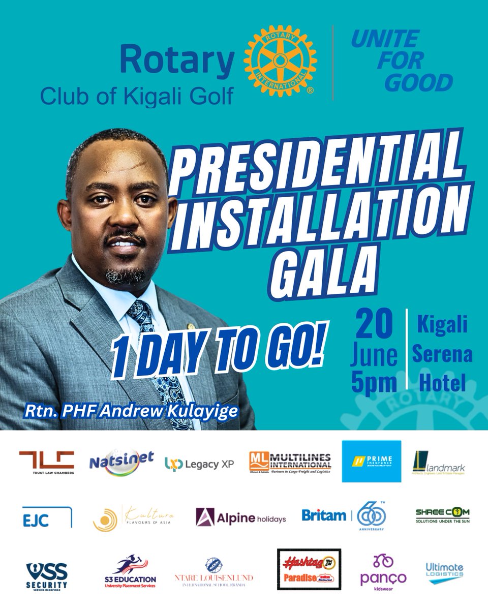 Rotary Club Kigali Golf (@rckigaligolf) on Twitter photo ๐ 1 Day to Go!
Tomorrow we install Rtn. PHF Andrew Kulayige as President of RCKG.
A people-first leader. A Rotary night to remember. Kigali, are you ready?
๐ Serena Hotel | ๐ 50K | MoMo: *662*700*1301#
๐ rckginstallation.sinc.events/rckg-insta-1301
#RCKGInstallation #UniteForGood #RotaryRwanda ๐ 1 Day to Go!
Tomorrow we install Rtn. PHF Andrew Kulayige as President of RCKG.
A people-first leader. A Rotary night to remember. Kigali, are you ready?
๐ Serena Hotel | ๐ 50K | MoMo: *662*700*1301#
๐ rckginstallation.sinc.events/rckg-insta-1301
#RCKGInstallation #UniteForGood #RotaryRwanda