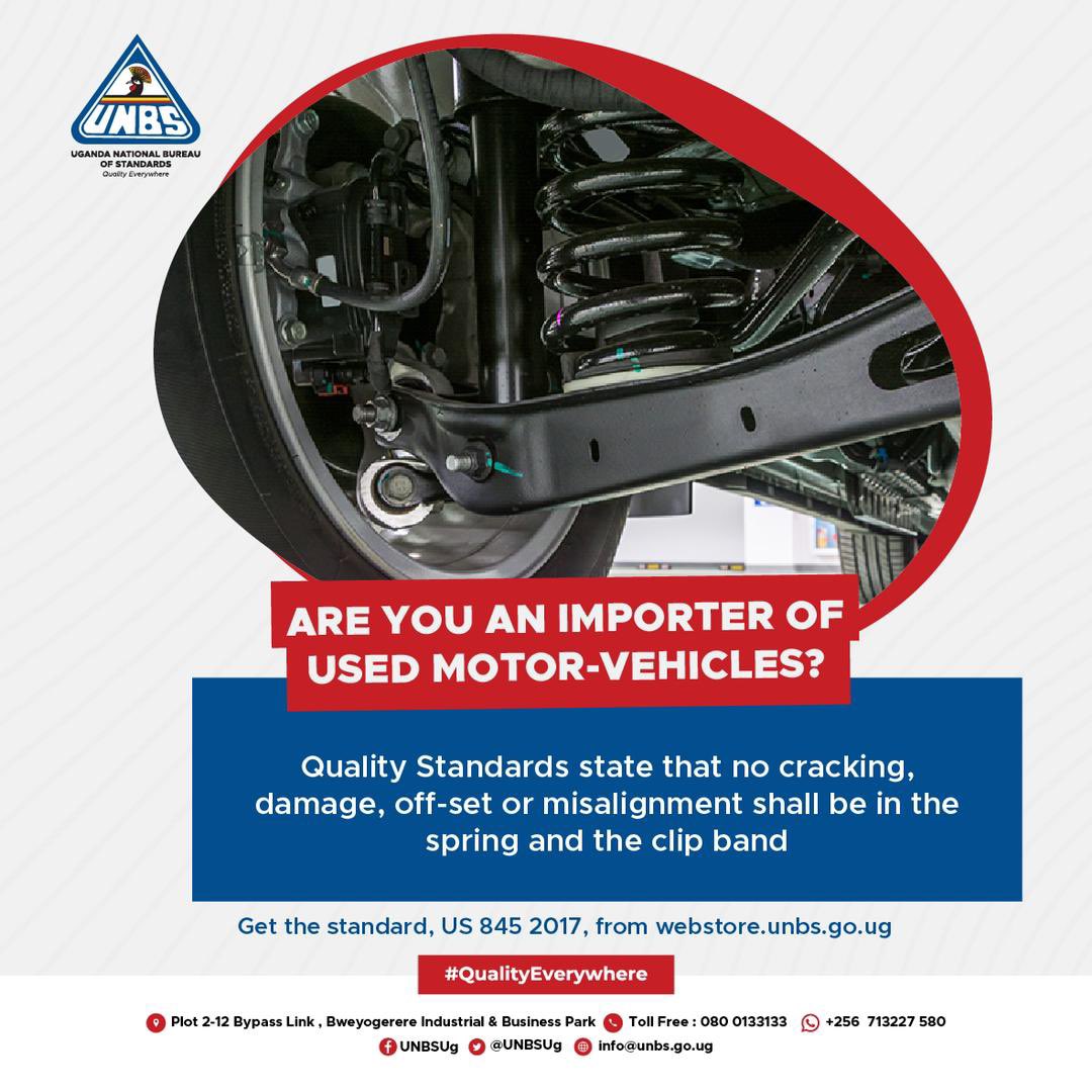 Suspension system 
Quality Standards state that;

No cracking, damage, off-set or misalignment shall be in the spring and the clip band. Centre bolt or U-bolt shall not be damaged, missing, or loose.

No excessive play at the mounting portions of the shock absorber. No oil or gas