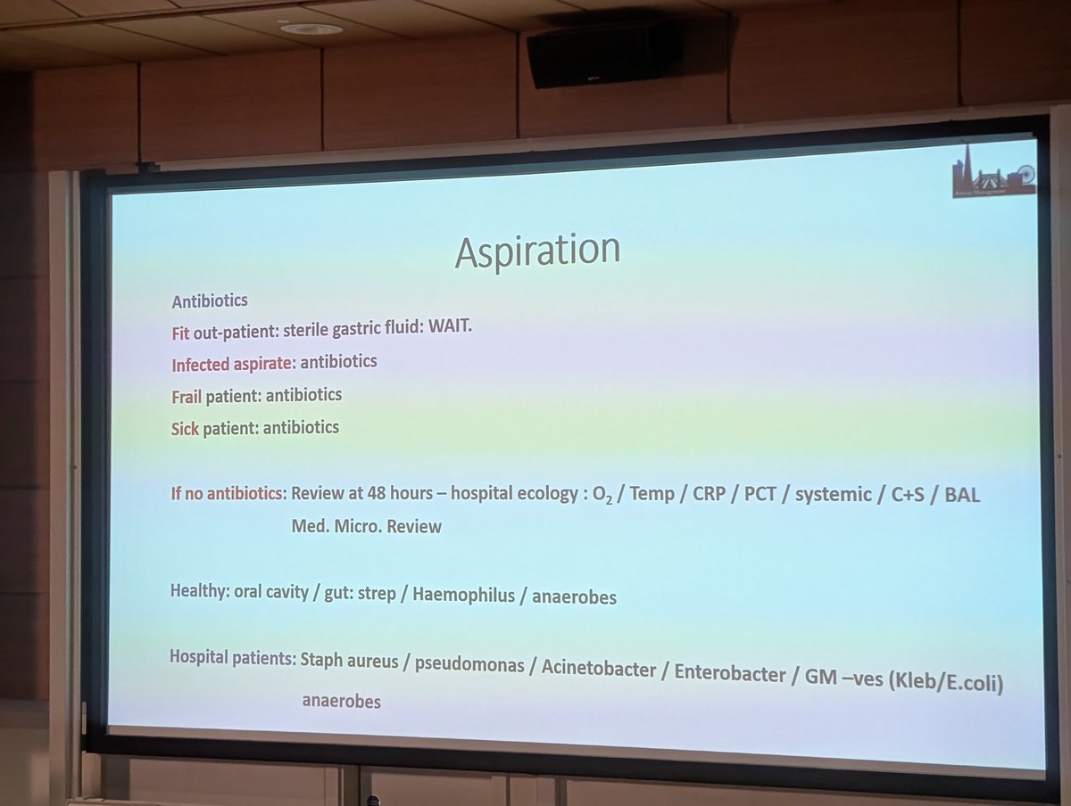 Pulmonary aspiration, no evidence for steroids.
Use of antibiotics is case-by-case basis. Fit outpatients who have aspirated sterile gastric fluid, you can wait &amp; reassess. Sick/frail patients or those who aspirate infected material would benefit from Abx
#GAMC2025