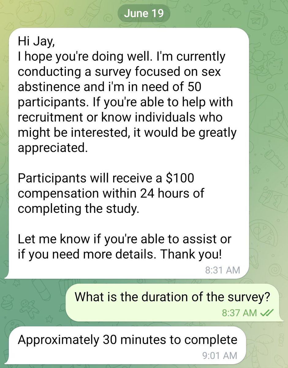 A researcher is looking for 50 participants for a 30-minute survey on sex abstinence. Payment is $100, delivered within 24 hours.

If you're interested, engage with this post and make sure you're following me. 
I'll be selecting participants from the comments in 24 hours.