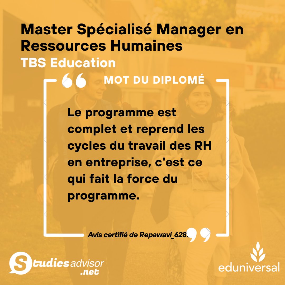 Eduniversal (@edbooking) on Twitter photo Le mot du diplômé By Eduniversal 🚀
Que pensent les étudiants de leur « Master Spécialisé Manager en Ressources Humaines » ? (<a href="/tbs_education/">TBS Education</a>)
Voici un témoignage certifié mettant en avant les points forts du programme ! 🎈 Le mot du diplômé By Eduniversal 🚀
Que pensent les étudiants de leur « Master Spécialisé Manager en Ressources Humaines » ? (<a href="/tbs_education/">TBS Education</a>)
Voici un témoignage certifié mettant en avant les points forts du programme ! 🎈