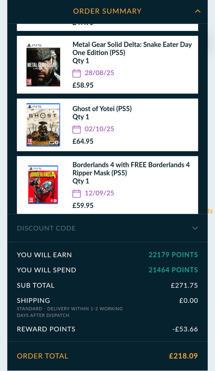 GamingDad18's tweet image. This is why @game_collection is the goat. £50 of reward points earned and spent. To make another £50 in reward points when the order completes! I think I have a problem 😂 #PhysicalMediaForever #TGC #MyTherapy