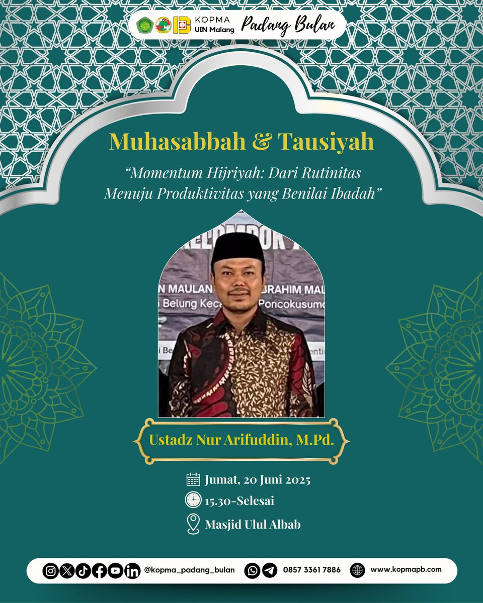 kopma_pb's tweet photo. ✨🕌✨ MATA (MUHASABAH DAN TAUSIYAH) ✨🕌✨

Mari isi Jum’at sore dengan siraman ilmu yang menguatkan semangat kita dalam menjalani rutinitas yang akan bernilai ibadah melalui :

📆 Jumat, 20 Juni 2025
⏰ 15.30 - Selesai
📍 Masjid Ulul Albab
👤 Ustadz Nur Arifuddin https://t.co/JivK22WNJt