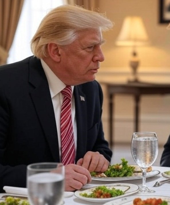 ذرائع کے مطابق، حافظ اور ٹرمپ ایک ہی میز پر کھانے میں مشغول تھے.. 
حافظ صاحب نے دیسی گھی میں پکی مرغی کی ران اپنی طرف کرنے کی کوشش کی، تو ٹرمپ نے اچانک کہا:
"ذرا رُکیں...! پہلے مجھے اُس حکیم کا نمبر دیں جو مسور کی دال سے عضوِ خاص کو دو انچ بڑا کرنے کا دعویدار ہے.."
Trump
