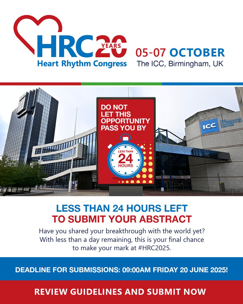 ⚠️Last day for #HRC2025 Abstracts. Submit before 9am tomorrow morning to make your mark at the UK's largest heart rhythm event and improve patient outcomes
heartrhythmcongress.org/abstracts