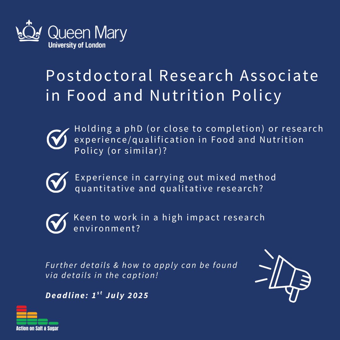 Action on Salt and Sugar (@actionsaltsugar) on Twitter photo 📢 New job opportunity alert!! 📢
Join our unit in this brilliant opportunity to provide qualitative and quantitative research support across our work in <a href="/CphpQmul/">Centre for Public Health & Policy (CPHP)</a> - focusing on food reformulation!
📅 Deadline: 1st July 2025
🗣️ Read the full job pack: tinyurl.com/33a2rm9a 📢 New job opportunity alert!! 📢
Join our unit in this brilliant opportunity to provide qualitative and quantitative research support across our work in <a href="/CphpQmul/">Centre for Public Health & Policy (CPHP)</a> - focusing on food reformulation!
📅 Deadline: 1st July 2025
🗣️ Read the full job pack: tinyurl.com/33a2rm9a