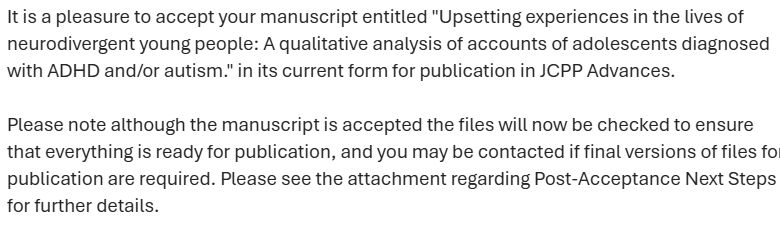 Our latest paper has just been accepted. I’m thrilled as first author! 💥 <a href="/acamh/">Association for Child & Adolescent Mental Health</a> 
This study is a meaningful step forward: it's the first to include personal accounts from 57 #ADHD and #autistic students about how school experiences trigger emotion dysregulation.