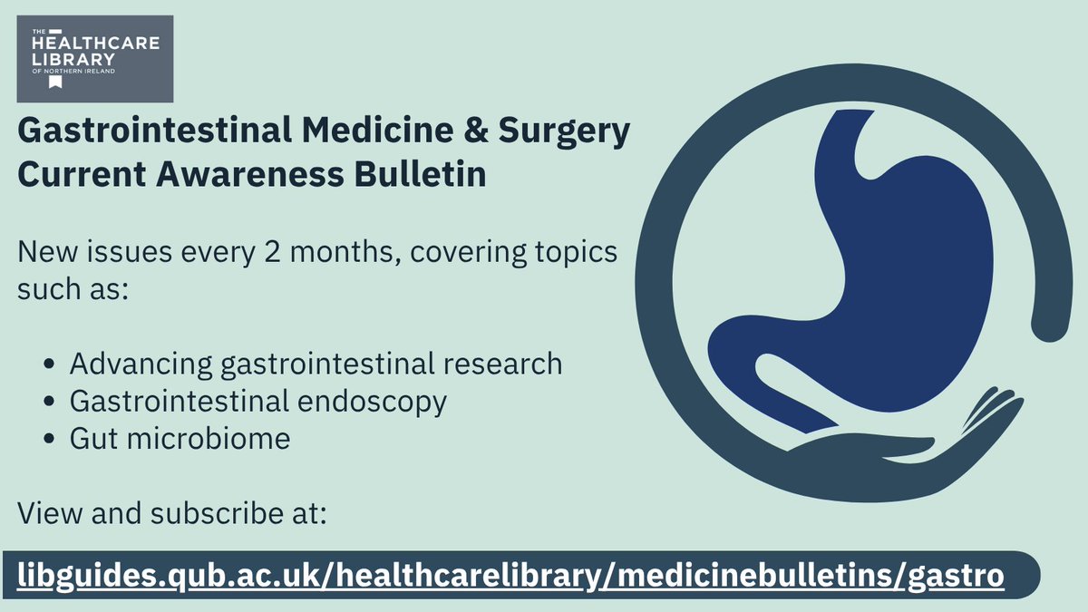 The Healthcare Library of Northern Ireland (@healthcarelib) on Twitter photo Our new Gastrointestinal Medicine and Surgery bulletin connects HSC staff with the latest papers on gut and digestive health/interventions.
View and subscribe at: libguides.qub.ac.uk/healthcarelibr…
<a href="/NHSCTrust/">Northern Trust</a> <a href="/SouthernHSCT/">Southern Trust</a> <a href="/setrust/">South Eastern Trust</a> <a href="/BelfastTrust/">Belfast Trust</a> <a href="/WesternHSCTrust/">Western Trust</a> <a href="/HSC_NI/">Health and Social Care Northern Ireland</a> <a href="/publichealthni/">Public Health Agency</a> Our new Gastrointestinal Medicine and Surgery bulletin connects HSC staff with the latest papers on gut and digestive health/interventions.
View and subscribe at: libguides.qub.ac.uk/healthcarelibr…
<a href="/NHSCTrust/">Northern Trust</a> <a href="/SouthernHSCT/">Southern Trust</a> <a href="/setrust/">South Eastern Trust</a> <a href="/BelfastTrust/">Belfast Trust</a> <a href="/WesternHSCTrust/">Western Trust</a> <a href="/HSC_NI/">Health and Social Care Northern Ireland</a> <a href="/publichealthni/">Public Health Agency</a>