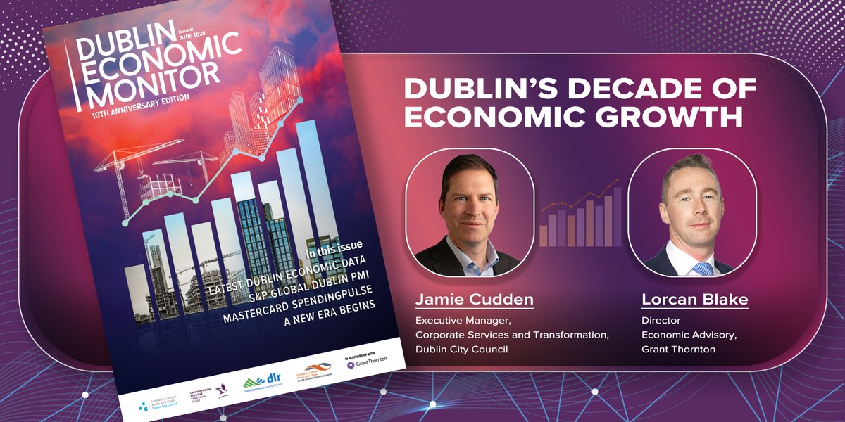 DCCEconDev's tweet image. 🗞️In the latest Dublin Economic Monitor, Jamie Cudden, @DubCityCouncil and Lorcan Blake, @GrantThorntonIE discuss the DEM marking its 10 year anniversary and take a look back at Dublin's Decade of Economic Growth.
To read the full article click here: dublineconomy.ie/insights/dubli…