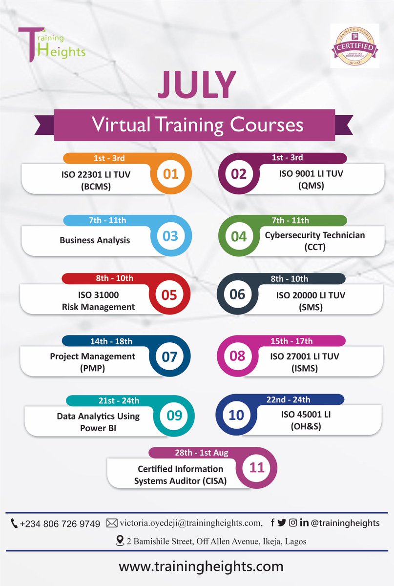 TrainingHeights's tweet image. July is packed with game-changing certifications! We've got courses to supercharge your career next month! 💼✨ Which certification will you choose? 🎯
#VirtualTraining #ProfessionalCertification #July2025 #CareerGrowth #TrainingHeights #ProfessionalDevelopment