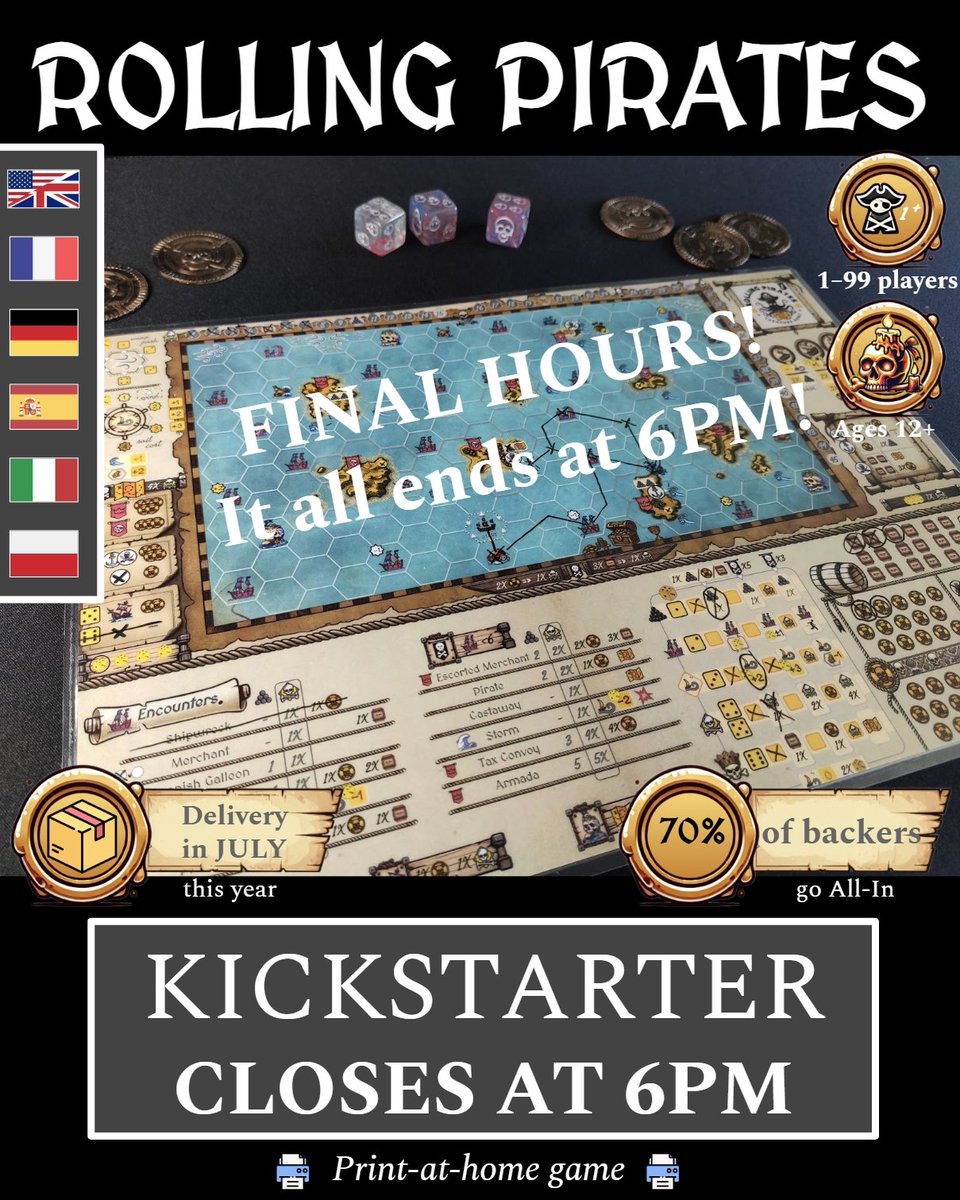 roll_and_write's tweet image. ⏳ FINAL HOURS TO JOIN THE ADVENTURE!

The Rolling Pirates campaign ends today at 6PM (Europe)
🇺🇸 12PM (noon) EDT / 9AM PDT!

⚓ 400+ backers are on board
70% went all-in! 🔥

Still hesitating?
Now or never!
👉 kickstarter.com/projects/rolln…

#Kickstarter #RollingPirates #BoardGame