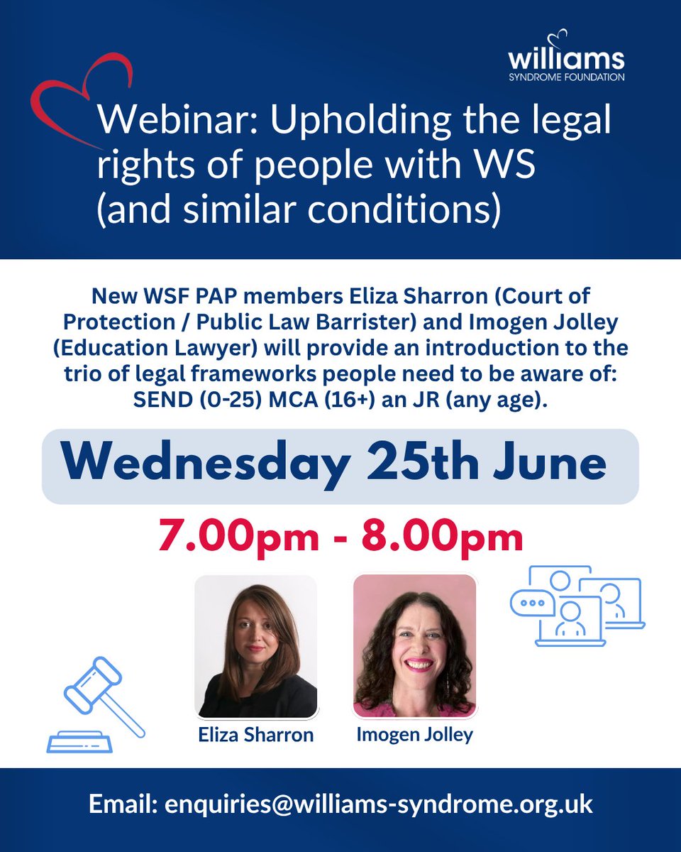 Williams Syndrome UK (@wsf_uk) on Twitter photo NEW WEBINAR!⭐️
Wednesday 25th July - Upholding the legal rights of people with WS with Eliza Sharron and Imogen Jolley.
Our webinars are designed to support parents and carers of children and adults with WS. Email: enquiries@williams-syndrome.org.uk NEW WEBINAR!⭐️
Wednesday 25th July - Upholding the legal rights of people with WS with Eliza Sharron and Imogen Jolley.
Our webinars are designed to support parents and carers of children and adults with WS. Email: enquiries@williams-syndrome.org.uk