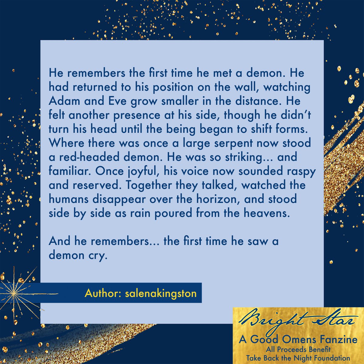 In today's beautiful spotlight by salenakingston, Aziraphale remembers meeting Crowley in Eden.

Featured in 'Bright Star', our celestial zine. All profits will go towards the 'Take Back the Night Foundation'

pyracantha.itch.io/bright-star

#GoodOmens #BrightStarZine #OOWSFundraiser