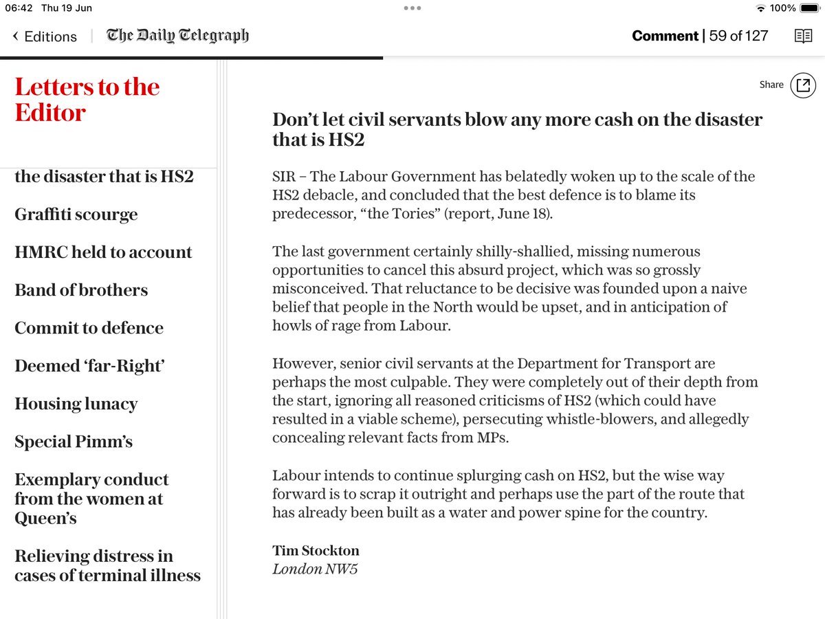 HS2 - and useless Labour just keep digging

Several letters in today's Telegraph.  The first, rightly, lays blame on utterly incompetent civil servants in the Department for Transport. But the progenitors were Baron Adonis and Prof McNaughton.