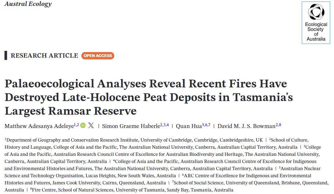 Our new study shows recent #wildfire  have burned ~4000 years accumulated peat in #Tasmania's largest #Ramsar reserve (Lavinia State Reserve) &amp; highlights the urgent need for improved fire and hydrological management to protect the vulnerable system. onlinelibrary.wiley.com/doi/10.1111/ae…
