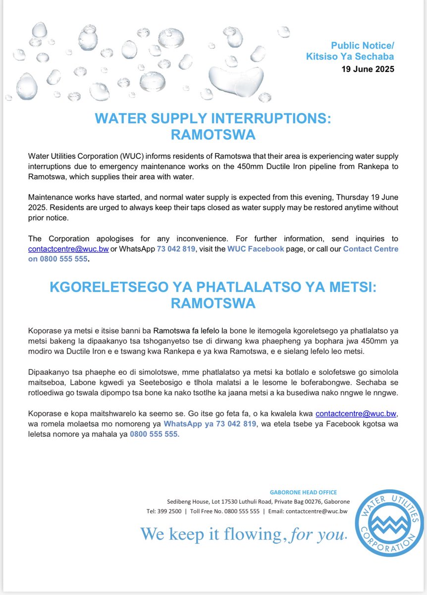 Public Notice/Kitsiso Ya Sechaba 
Water Supply Interruptions/Kgoreletsego ya Phatlalatso ya metsi 

Ramotswa