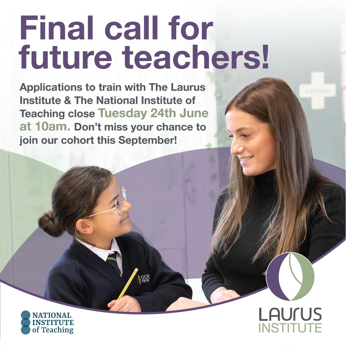 🚨| Final chance to train with The Laurus Institute &amp; NIoT!

Applications close Tue 24th June at 10am.

Join the Sept 2025 trainee teacher cohort

Apply now👇
 laurustrust.co.uk/become-a-teach…