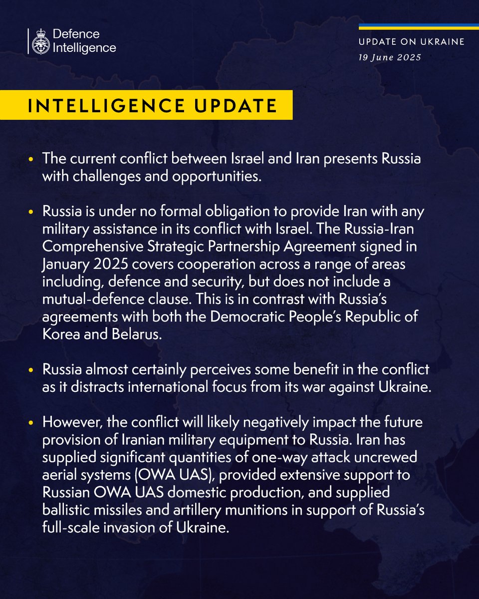Latest Defence Intelligence update on the situation in Ukraine -  19 June 2025.

Find out more about Defence Intelligence's use of language: ow.ly/RXmf50Wc8nx

#StandWithUkraine 🇺🇦