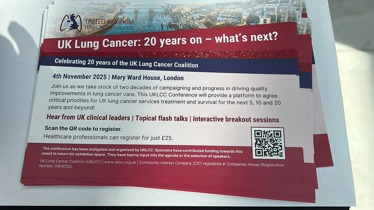 Are you coming to our 20th anniversary conference in London on 4th November? ‘UK #Lungcancer: 20 years on - what’s next?’ Pick up a flyer from our stand at #lcnuk2025 today or visit our website for more details and to register: uklcc.org.uk
