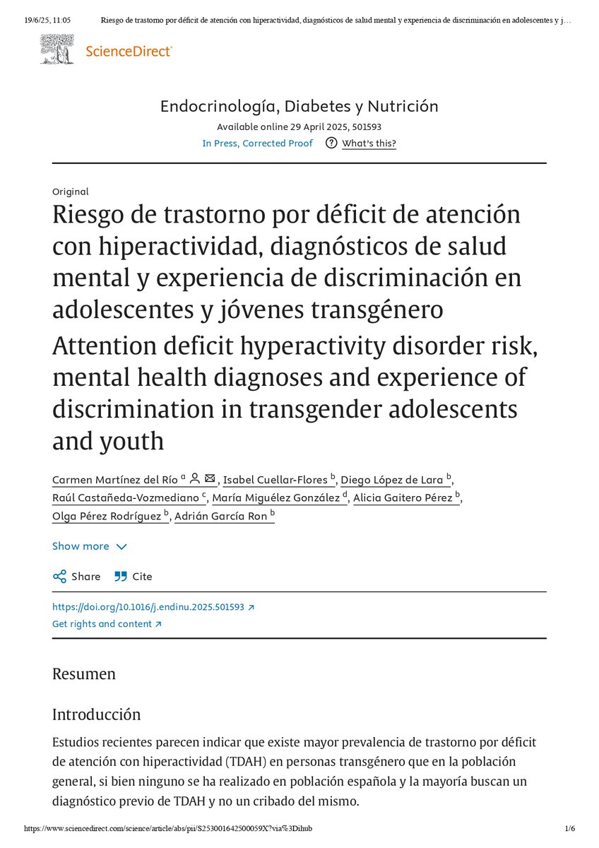 📢 #InvestigaciónNeuropediatria 🧠📖 Estudio científico en el que participa 🥼🧠🧒 <a href="/senep_es/">SENEP</a> Adrián García Ron apunta a que podría haber mayor riesgo de TDAH en personas transgénero, en comparación con población general / Son datos preeliminares sciencedirect.com/science/articl…