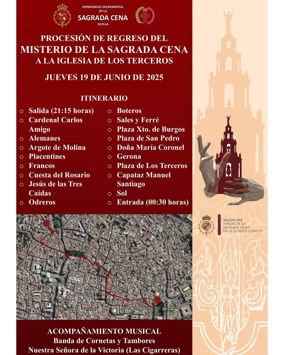 SEVILLA : <a href="/LaCenaSevilla/">Hermandad de la Sagrada Cena</a> ✝️

La Procesión de Regreso de la Sagrada Cena será en horario nocturno con motivo a las altas temperaturas . Saldrá a las 21:15 desde el Palacio Episcopal hacia la Iglesia de los Terceros con llegada a las 00:30 . Le acompañará <a href="/lascigarreras/">Las Cigarreras</a> 

#Sevilla