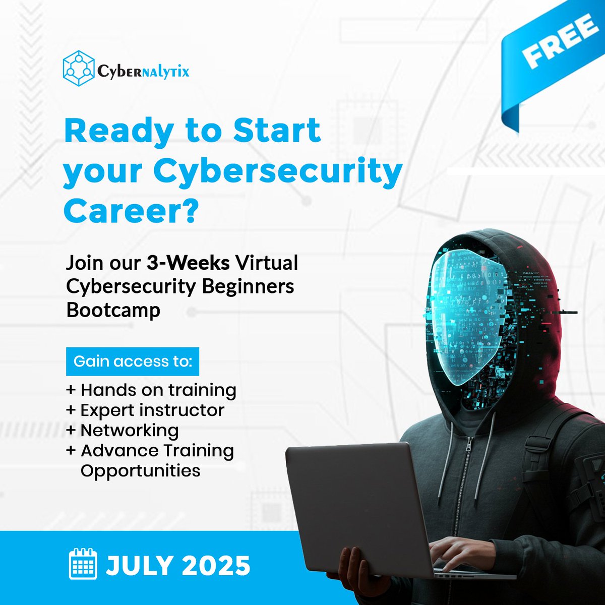 CybernalytixLtd's tweet image. Are you ready to kick-start your cybersecurity career?

Make the most of July by joining our FREE 3 weeks Virtual Cybersecurity Beginners Bootcamp!!!

Stay tuned for further updates. 

#cybersecuritybootcamp #beginnerstraining #cybernalytixprofessionals #cybersecurityexperts