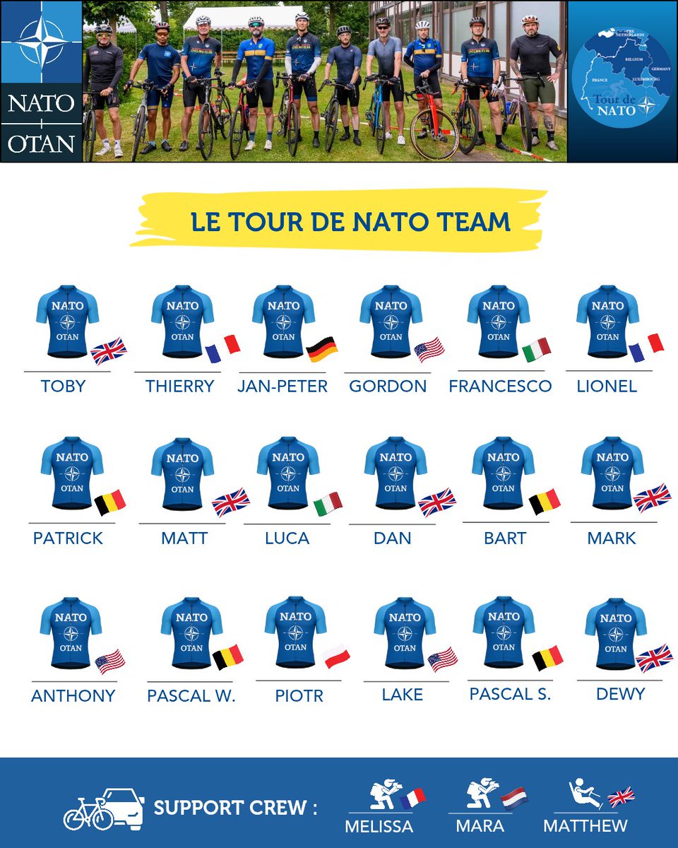 NATOJFCBS's tweet image. 3️⃣ days to go before the #TourDeNATO kicks off 🚴‍♀️

Meet our @LeTour De NATO team, ready to ride! 💪
1️⃣8️⃣ cyclists,1 mission: tracing #NATO’s historical journey from #fontainebleau to #brunssum.

📍Follow their #ride through heritage and collective commitment.

#Cycling