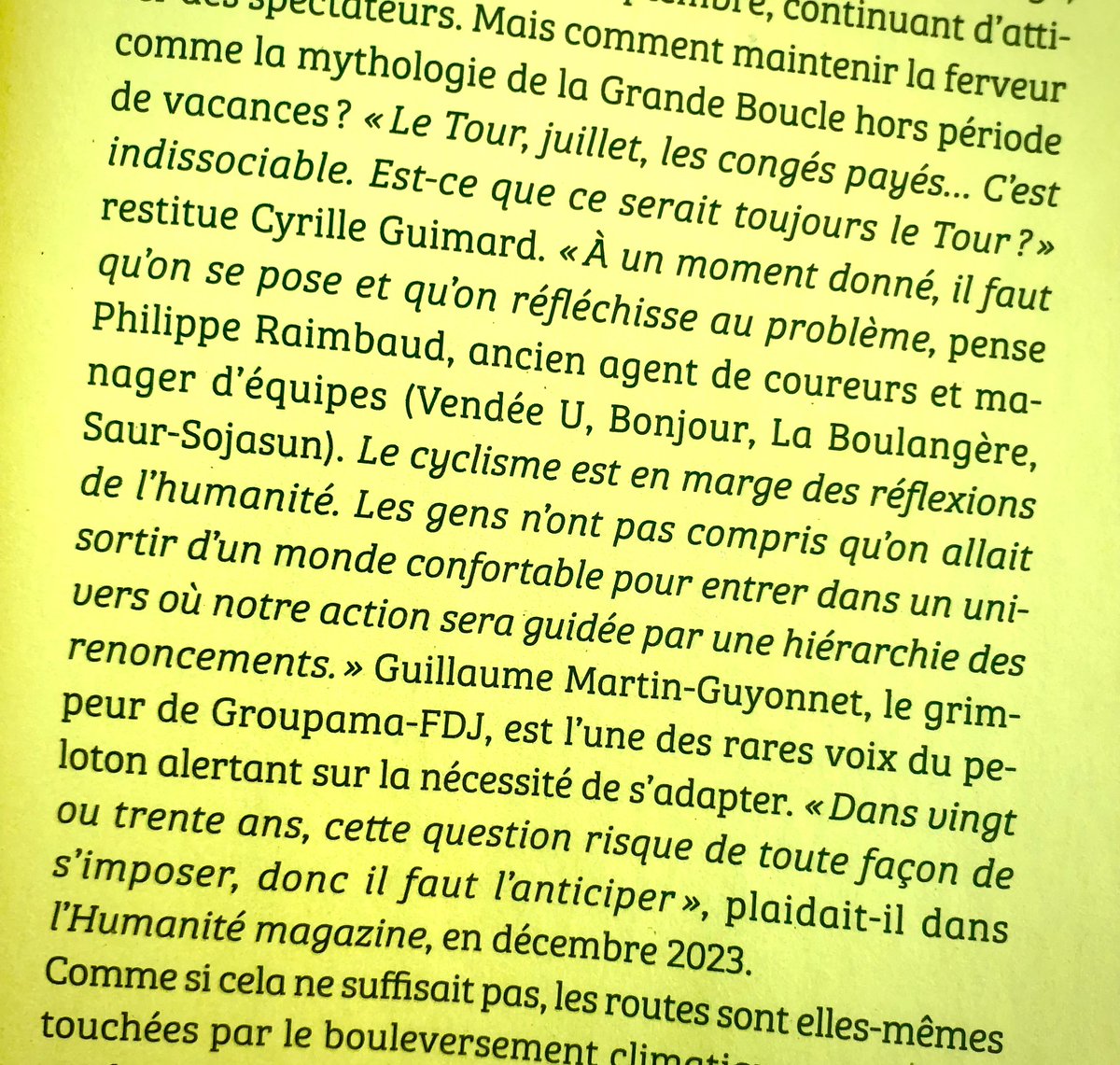 Philippe Raimbaud (@philippraimbaud) on Twitter photo Très flatté d'avoir été sollicité pour figurer dans le "Miroir du Cyclisme", ce magazine de mon enfance qui renaît actuellement.
Sur le sujet délicat de l'avenir d'un sport confronté aux bouleversements climatiques...
<a href="/Miroir2Cyclisme/">Miroir du Cyclisme</a> #Cyclisme Très flatté d'avoir été sollicité pour figurer dans le "Miroir du Cyclisme", ce magazine de mon enfance qui renaît actuellement.
Sur le sujet délicat de l'avenir d'un sport confronté aux bouleversements climatiques...
<a href="/Miroir2Cyclisme/">Miroir du Cyclisme</a> #Cyclisme