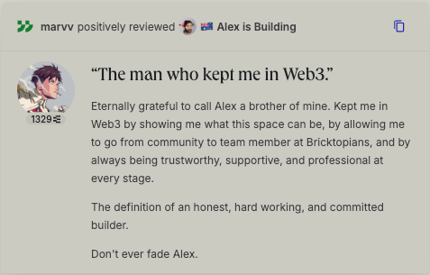 marvv (@marvv_eth) on Twitter photo One day I will need to share the full story of everything my brother <a href="/AlexIsBuilding/">🇦🇺 Alex is Building</a> has done for me, but for now, I'll share this.
A legend. One day I will need to share the full story of everything my brother <a href="/AlexIsBuilding/">🇦🇺 Alex is Building</a> has done for me, but for now, I'll share this.
A legend.