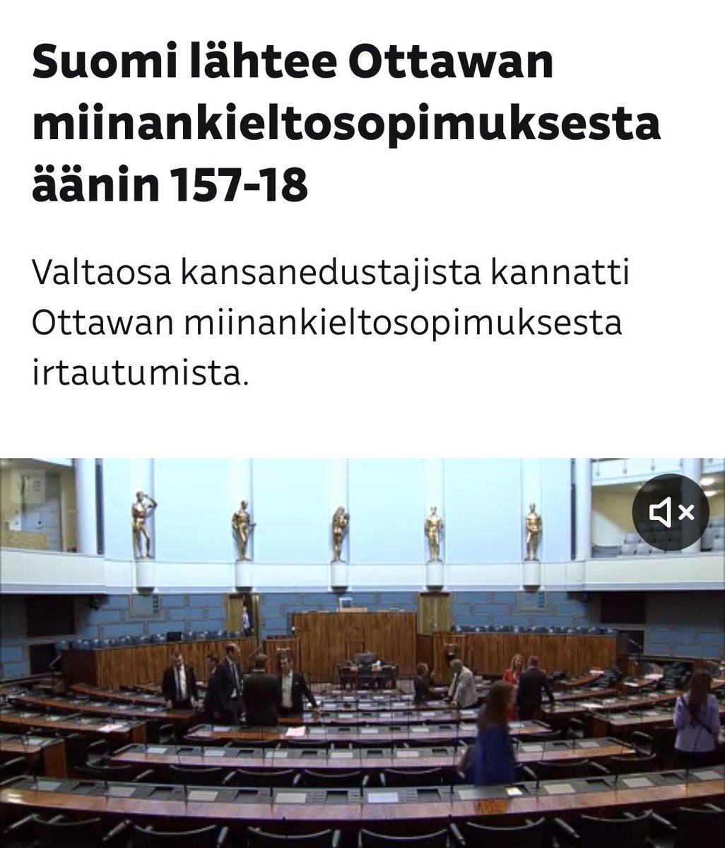 Kiitos eduskunnalle: Ottawan sopimus kaatui.

Suomi palasi ylisukupolviseen viisauteen, kun uhka tulee idästä, ei jätetä keinoja käyttämättä.

Venäjää ei pysäytetä iskulauseilla, vaan kaikella, mitä meiltä löytyy.