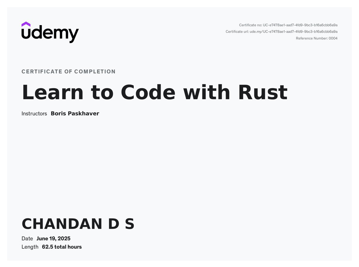 chandands027's tweet photo. Just finished “Learn to Code with Rust” by @BorisPaskhaver  on @udemy ! 🥳
Grateful for the in-depth lessons and hands-on projects that made Rust accessible.
Check out the course: https://t.co/rjCN5eiMlT https://t.co/9FwM0UVOxL