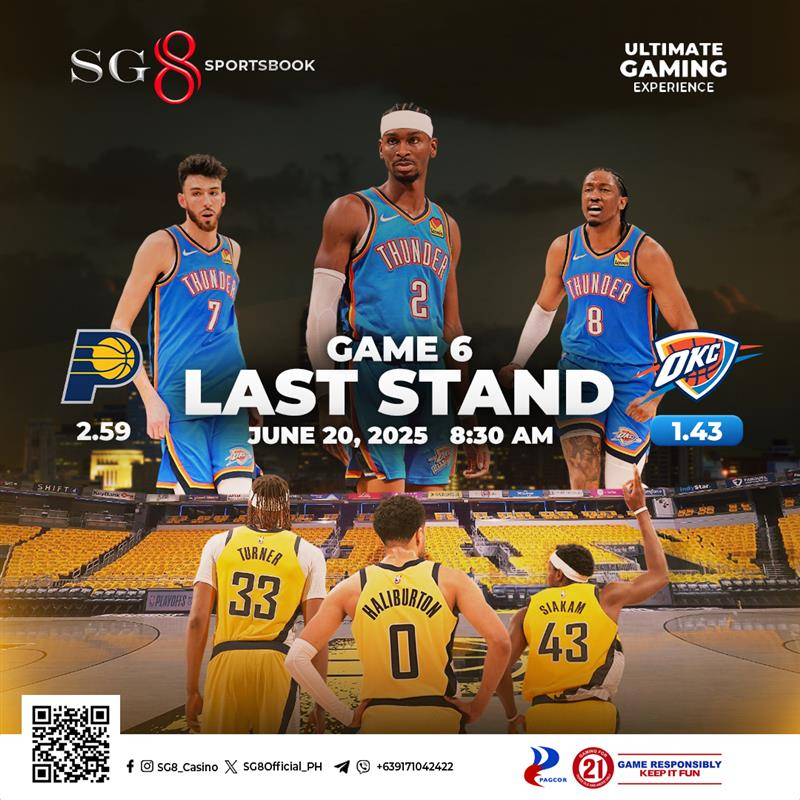 SG8Official_PH's tweet photo. Crown Day or Comeback Match — anong mangyayari? 👑🔥
Thunder — the crowd’s favorites are one win away from Championship, but Indiana's home crowd says: “The fight’s not over yet!” 
Magkakaroon na ba ng koronasyon bukas, o tutuloy tayo sa isang makasaysayang Game 7?
🏀 Place your NBA Finals bets now at SG8 Sportsbook!
🔗 Check the latest odds & boost your winning chances here>> 
https://t.co/TtrZp5WTGO

#sg8casino #nbafinals #OKC #PACERS #NBAGame6