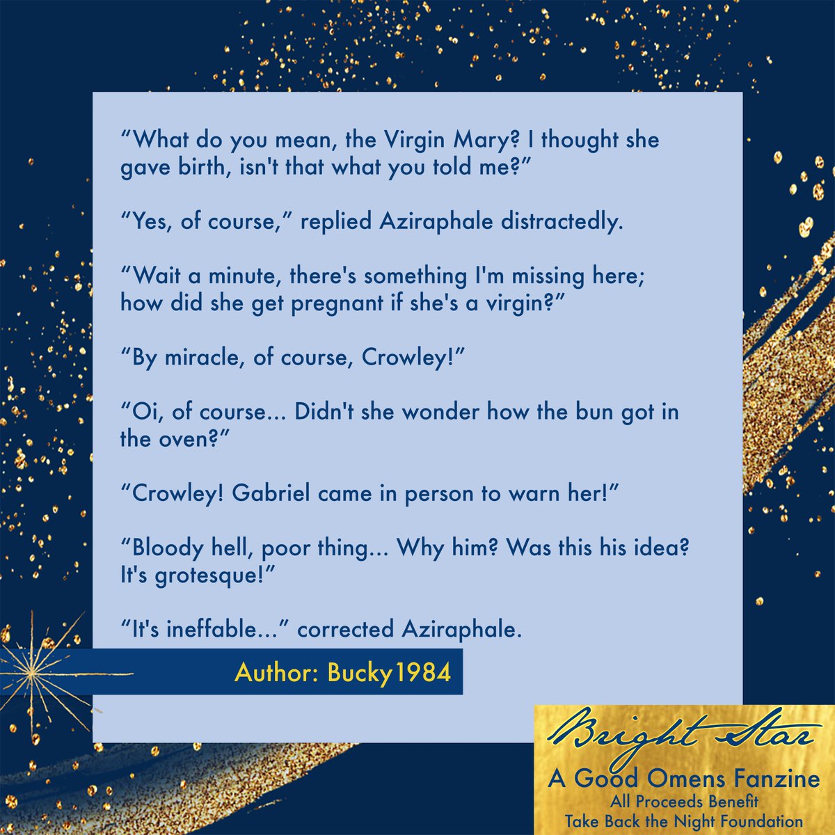 In today's funny spotlight by Bucky1984, a confused Crowley has a few understandable questions around virgin birth

Featured in 'Bright Star', our celestial fanzine-- all profits go towards helping SA victims

pyracantha.itch.io/bright-star

#GoodOmens #OOWSFundraiser #BrightStarZine