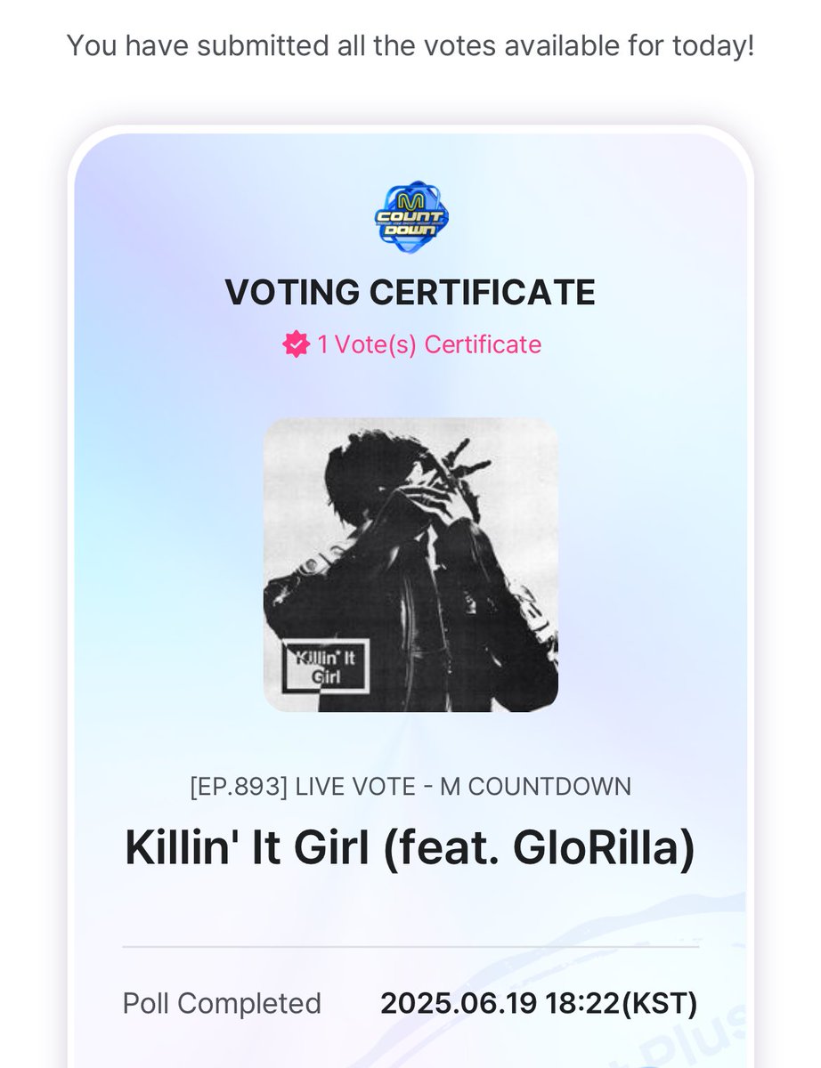 jhopewaist's tweet photo. LIVE VOTING STARTED PLEASE GO AND VOTE FOR KILLIN IT GIRL ON MNET APP 

5 VOTES PER DEVICE https://t.co/3vnBO2SrRD