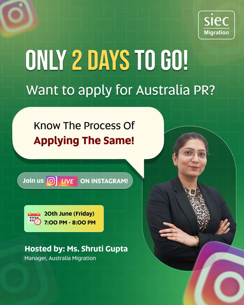 siecmigration's tweet photo. We’re answering the Top 10 #mostasked questions LIVE! we've got real answers, not vague promises. 

📍 20th June (Friday) | 7–8 PM With Ms. Shruti Gupta, Manager – Australia Migration.

Instagram Link: https://t.co/3kIVZGAV7e… #Australia #migration #live #instalive https://t.co/xLfpq64okE
