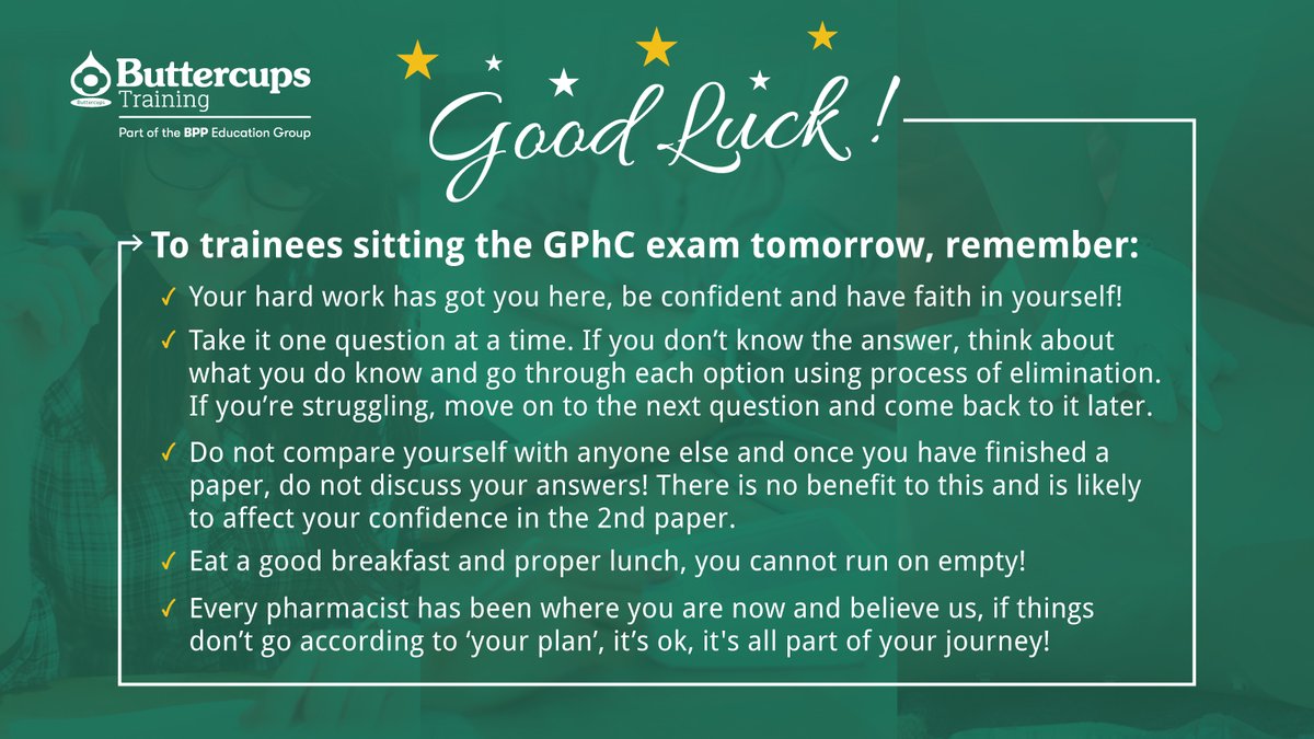 Good luck and best wishes to all #traineepharmacists sitting the GPhC registration assessment tomorrow. 

A reminder to read through the GPhC guidance (bit.ly/4kIdYnn) and our top tips below.

Keep going and trust in the work you’ve put in, You’ve got this!