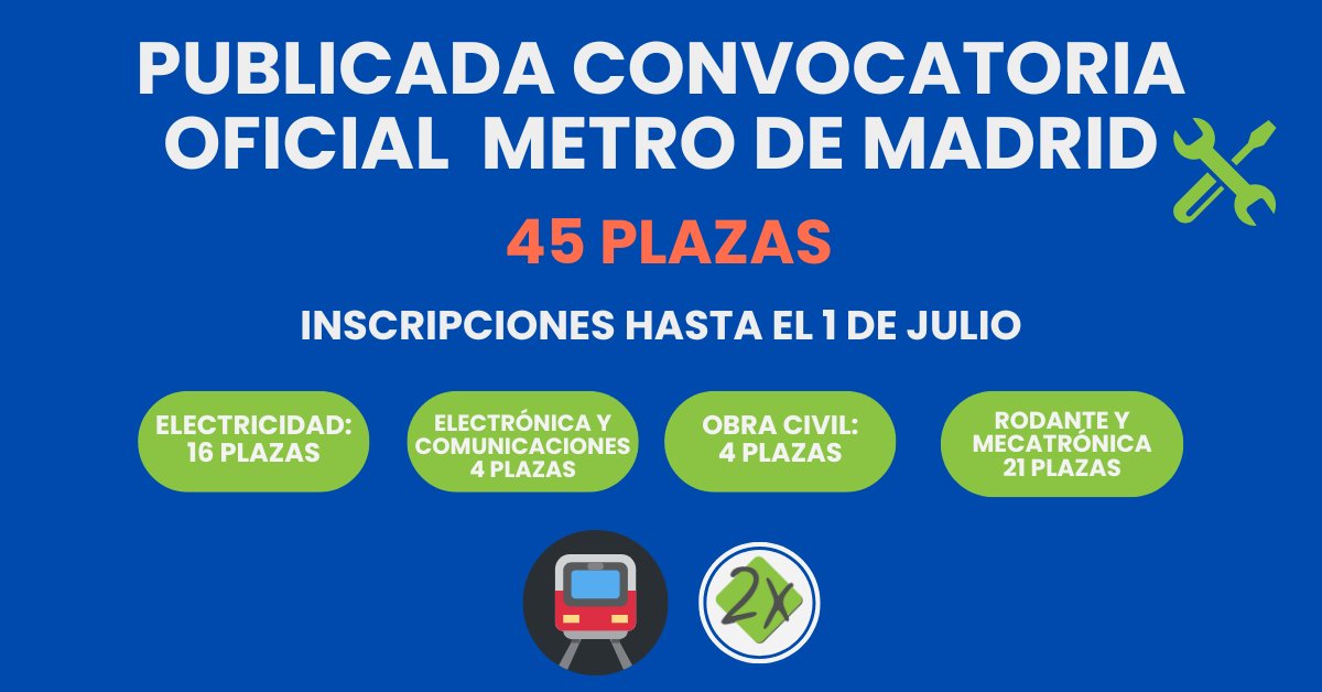 🚨 METRO DE MADRID 🚇
Publicada CONVOCATORIA OFICIAL: 45 plazas ‼️‼️
🔵Electricidad: 16 plazas
🔵Electrónica y Comunicaciones: 4 plazas
🔵Obra Civil: 4 plazas
🔵Material rodante y mecatrónica: 21 plazas

Inscripciones 📝🗓️ hasta el 1 de julio

+ INFO ⬇️
bit.ly/OficialMetroMa…