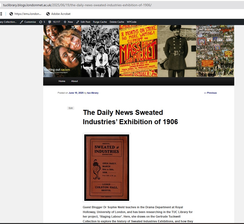 TUC_Library's tweet image. Guest Blogger Dr Sophie Nield, @RHULDrama has been researching for her project, ‘Staging Labour’ in the Gertrude Tuckwell Collection to explore the history of Sweated Industries Exhibitions bit.ly/45uCLGT you can also see bit.ly/43SvVd3 for digitised content