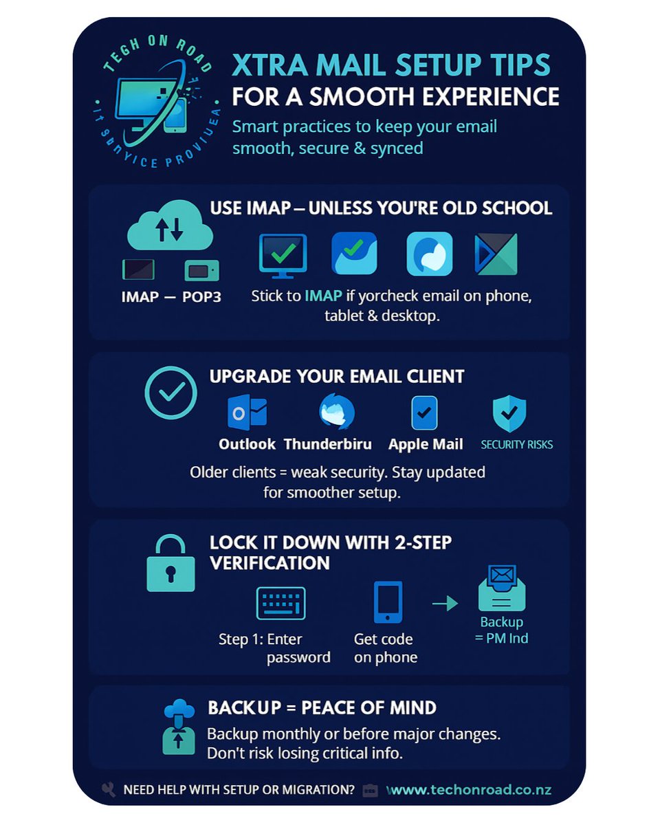 Techonroad's tweet image. Struggling with Xtra Mail setup? 

You’re not alone. That’s exactly why we’ve put together these Xtra Mail Setup Tips — to help you get through it all smoothly.

Or Visit: techonroad.co.nz/xtra-mail-setu…

#emailsetup #xtramailsetup #sparkwebmail #emailservices #techcallout #techonroad