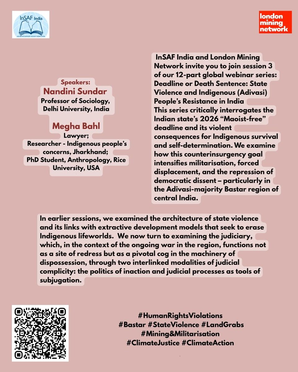 IndInsaf's tweet image. Happening today - registrations still open at link below
Courts as Instruments of State Power in Adivasi Regions in India
8pm IST
londonminingnetwork-org.zoom.us/meeting/regist……
#climatejustice #ClimateAction #HumanRightsViolations #Bastar
#StateViolence #LandGrabs #Climate