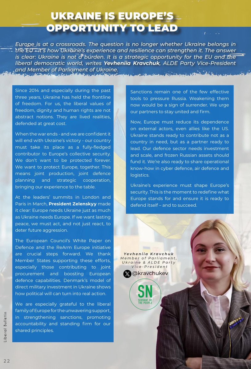 Yevheniia Kravchuk (@kravchukev) on Twitter photo As <a href="/ALDEParty/">ALDE Party</a> Vice-President, I contributed to the latest #ALDE Liberal Bulletin with a piece titled “Ukraine is Europe’s Opportunity to Lead”
Ukraine is not a problem — it is part of the solution to a stronger, freer, and more resilient Europe💪🇺🇦🇪🇺
🔗 Read here: As <a href="/ALDEParty/">ALDE Party</a> Vice-President, I contributed to the latest #ALDE Liberal Bulletin with a piece titled “Ukraine is Europe’s Opportunity to Lead”
Ukraine is not a problem — it is part of the solution to a stronger, freer, and more resilient Europe💪🇺🇦🇪🇺
🔗 Read here: