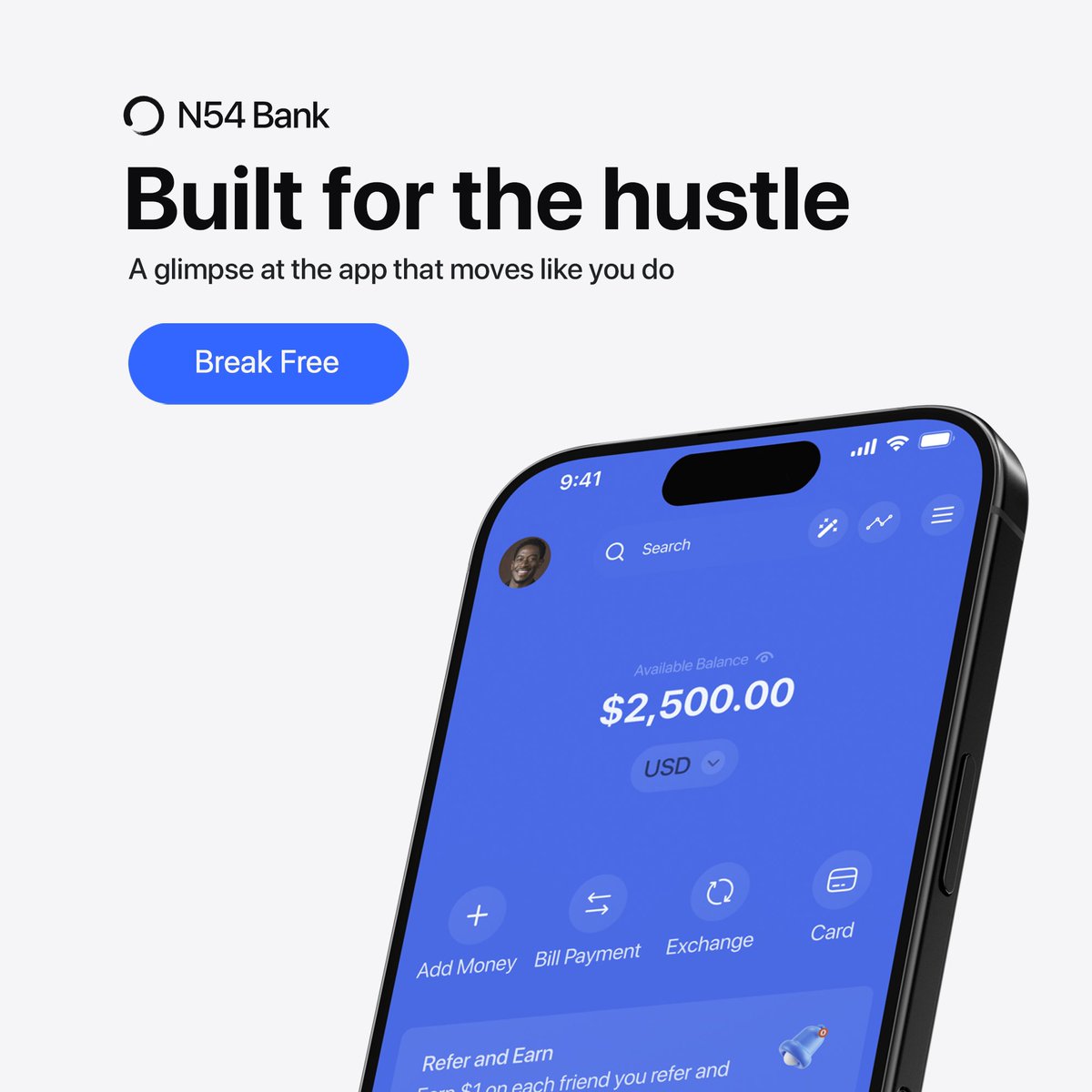 N54Bank's tweet photo. Get ready to experience banking like never before! 🚀 Here’s a sneak peek of the N54 interface - built for the hustle, designed to move with you. 
Join the waitlist now and be among the first to unlock a new world of financial freedom!  
#N54Bank #BuiltForTheHustle  #TrendingNow https://t.co/qJDNoh94Gp
