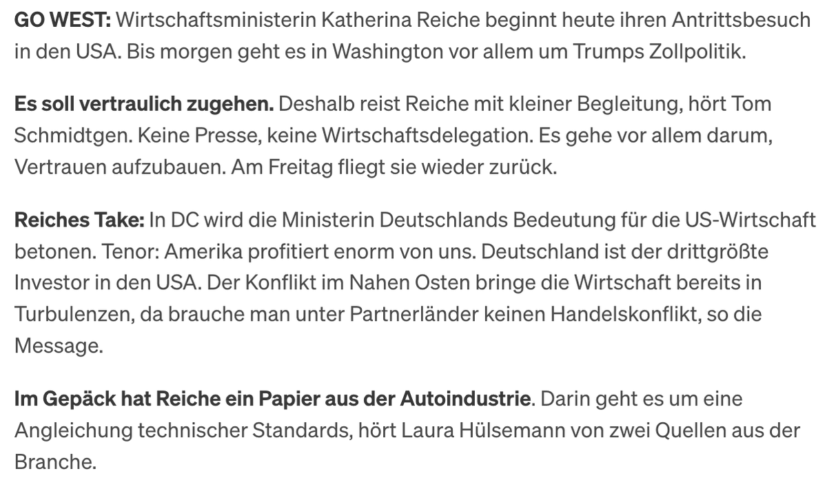 Laura Hülsemann (@hulsemannlaura) on Twitter photo Was erwartet Wirtschaftsministerin Reiche bei ihrem Antrittsbesuch in DC? Und was sagt die deutsche Autoindustrie zur Zollpolitik? <a href="/TommesFrittes/">Tom Schmidtgen</a>, <a href="/juliusbri_/">Brinkmann</a> & ich haben recherchiert:
<a href="/herrkloeckner/">Jürgen Klöckner</a> <a href="/ThorstenMumme/">Thorsten Mumme</a> <a href="/POLITICOEurope/">POLITICOEurope</a> <a href="/GordonRepinski/">Gordon Repinski</a> Was erwartet Wirtschaftsministerin Reiche bei ihrem Antrittsbesuch in DC? Und was sagt die deutsche Autoindustrie zur Zollpolitik? <a href="/TommesFrittes/">Tom Schmidtgen</a>, <a href="/juliusbri_/">Brinkmann</a> & ich haben recherchiert:
<a href="/herrkloeckner/">Jürgen Klöckner</a> <a href="/ThorstenMumme/">Thorsten Mumme</a> <a href="/POLITICOEurope/">POLITICOEurope</a> <a href="/GordonRepinski/">Gordon Repinski</a>