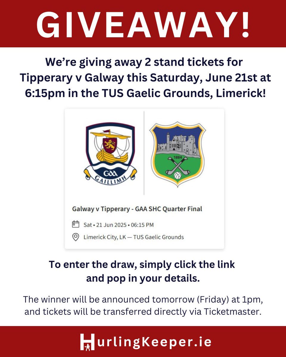 We’re giving away 2 stand tickets for Tipperary v Galway this Saturday, June 21st at 6:15pm in the TUS Gaelic Grounds, Limerick!

To enter the draw, simply click the link below and pop in your details:

docs.google.com/forms/d/e/1FAI…