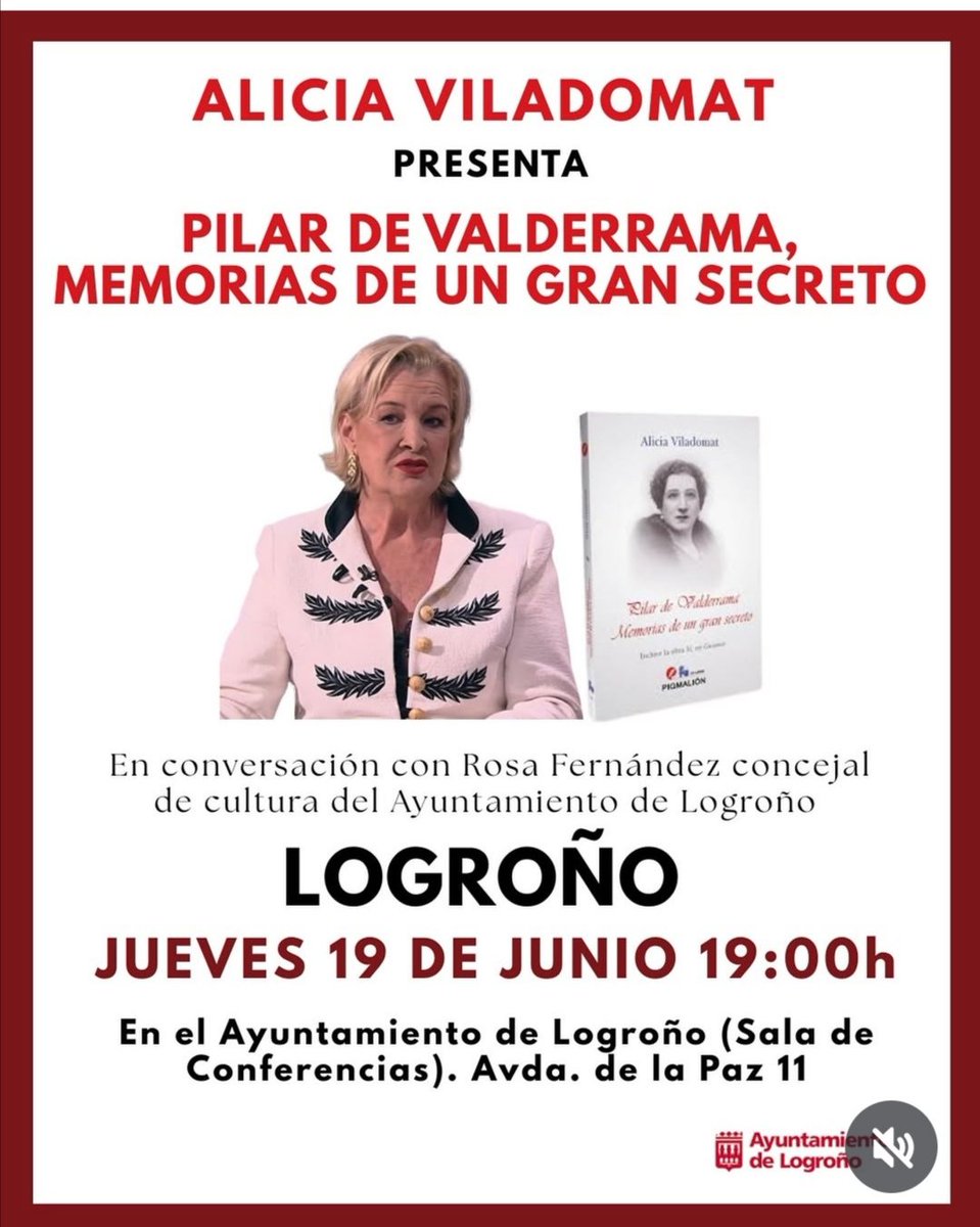 Ven a conocer Pilar de Valderrama,  Guiomar por su relación con Antonio Machado, de la mano de su nieta, la escritora Alicia Viladomat
19 junio a 19 horas
Sala de Conferencias del Ayuntamiento de Logroño.
<a href="/AytoLogrono/">Ayuntamiento Logroño</a>
@aliciavilladomat
#pilardevalderrama
#antoniomachado