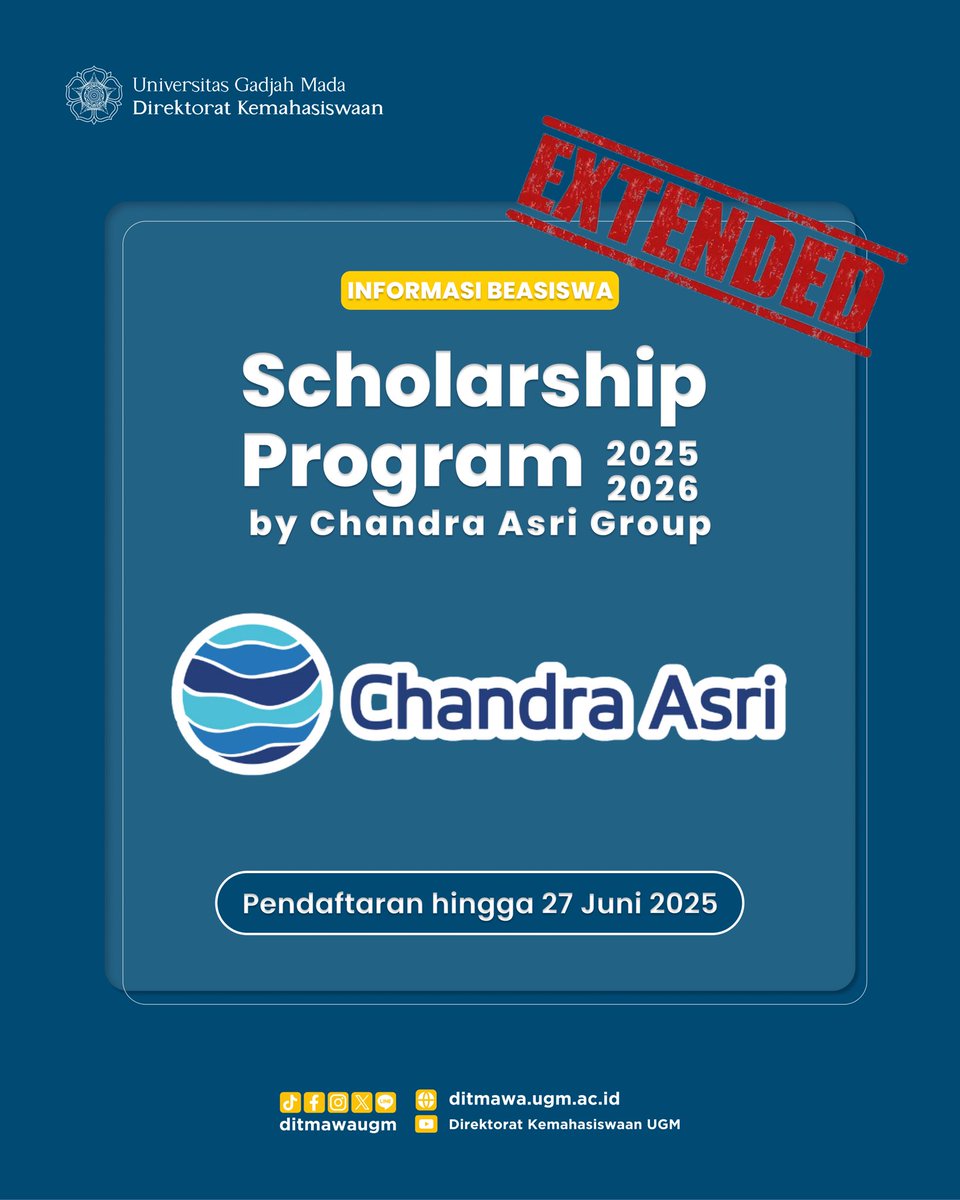 DIPERPANJANG!
Pendaftaran Beasiswa Chandra Asri 2025/2026 kini dibuka hingga 27 Juni 2025! 🗓️

Kesempatan emas buat Sobat Ditmawa yang belum sempat daftar!
🎓 Fasilitas:
💰 Uang saku bulanan
📚 Bantuan UKT 2 semester
💼 Pelatihan kerja 1 bulan di Chandra Asri Group

Jangan sampai